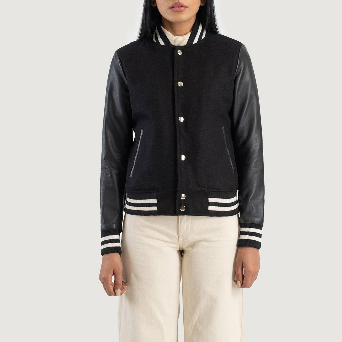 Brex Savant Black Hybrid Varsity Jacket - women's jacket in black sheepskin leather, view 4