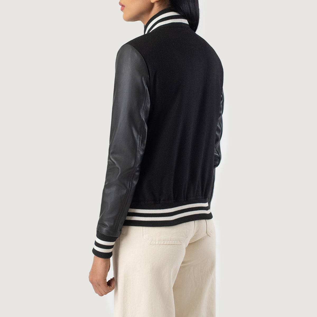 Brex Savant Black Hybrid Varsity Jacket - women's jacket in black sheepskin leather, view 5