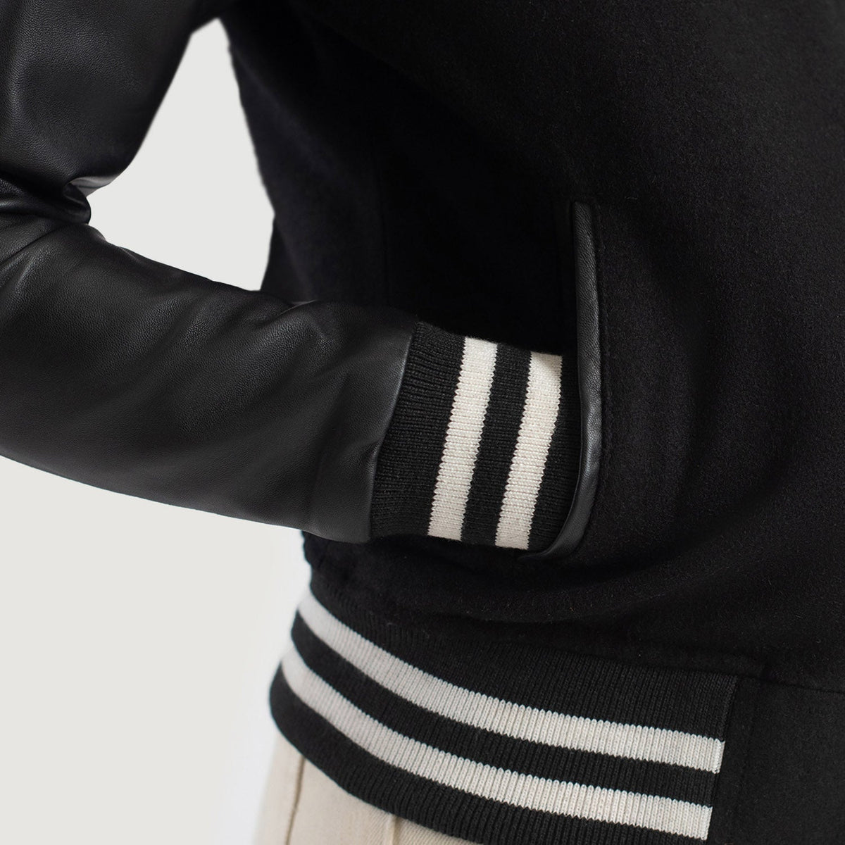 Brex Savant Black Hybrid Varsity Jacket - women's jacket in black sheepskin leather, view 6