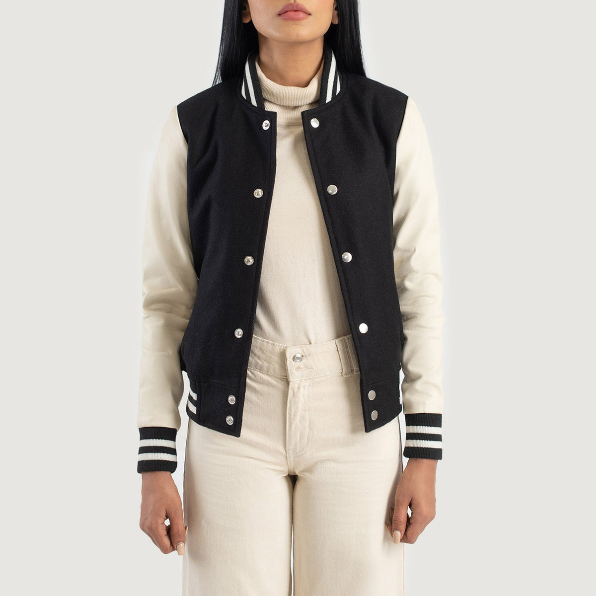 Savant Black & White Hybrid Varsity Jacket - women's jacket in black & white sheepskin leather, view 1