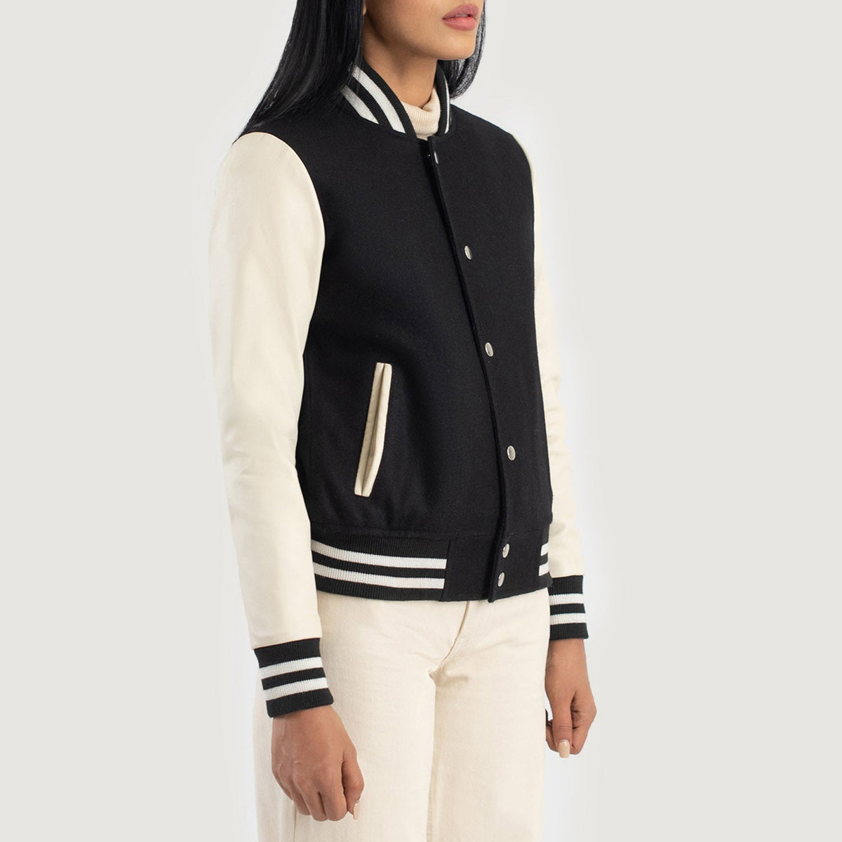 Savant Black & White Hybrid Varsity Jacket - women's jacket in black & white sheepskin leather, view 2