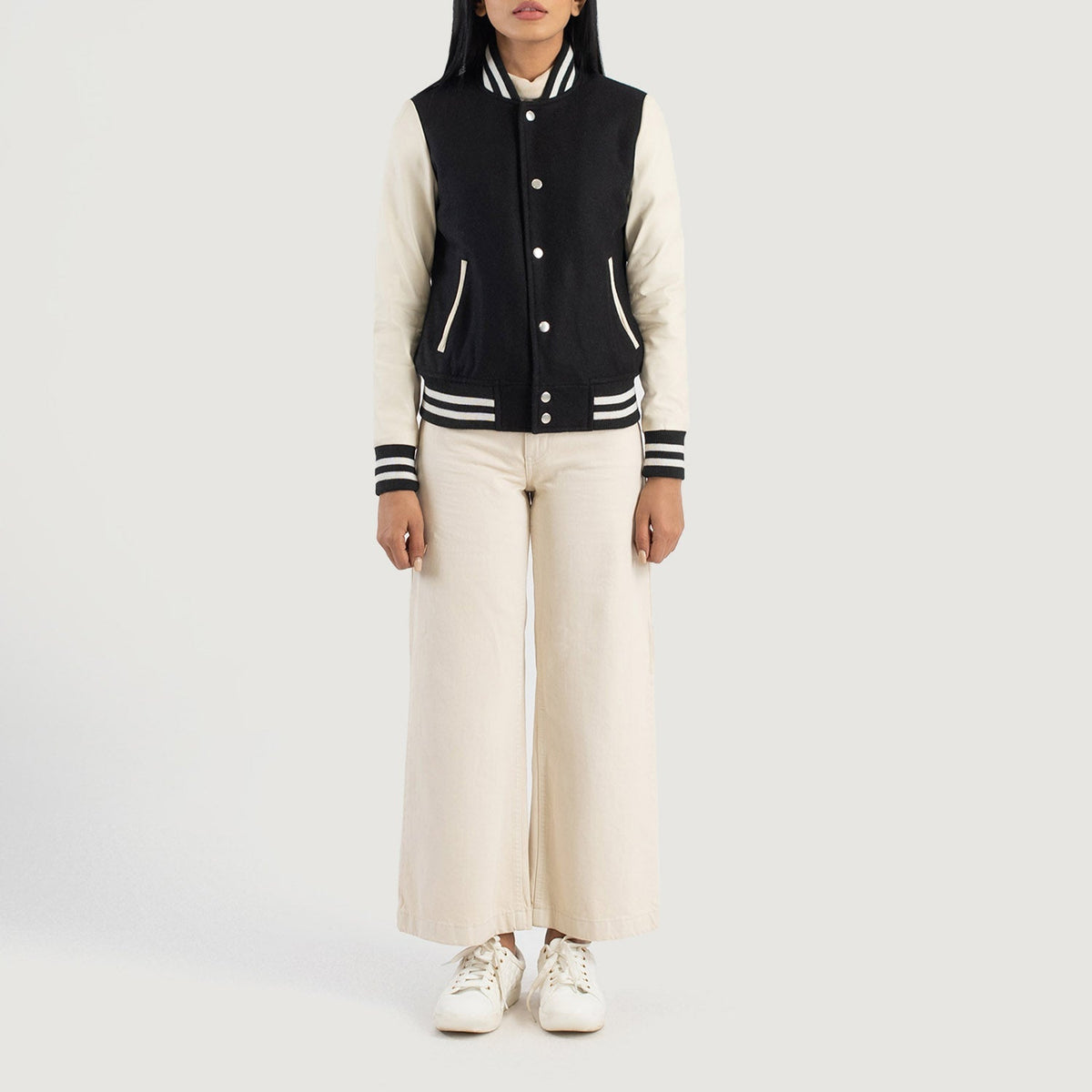 Savant Black & White Hybrid Varsity Jacket - women's jacket in black & white sheepskin leather, view 3