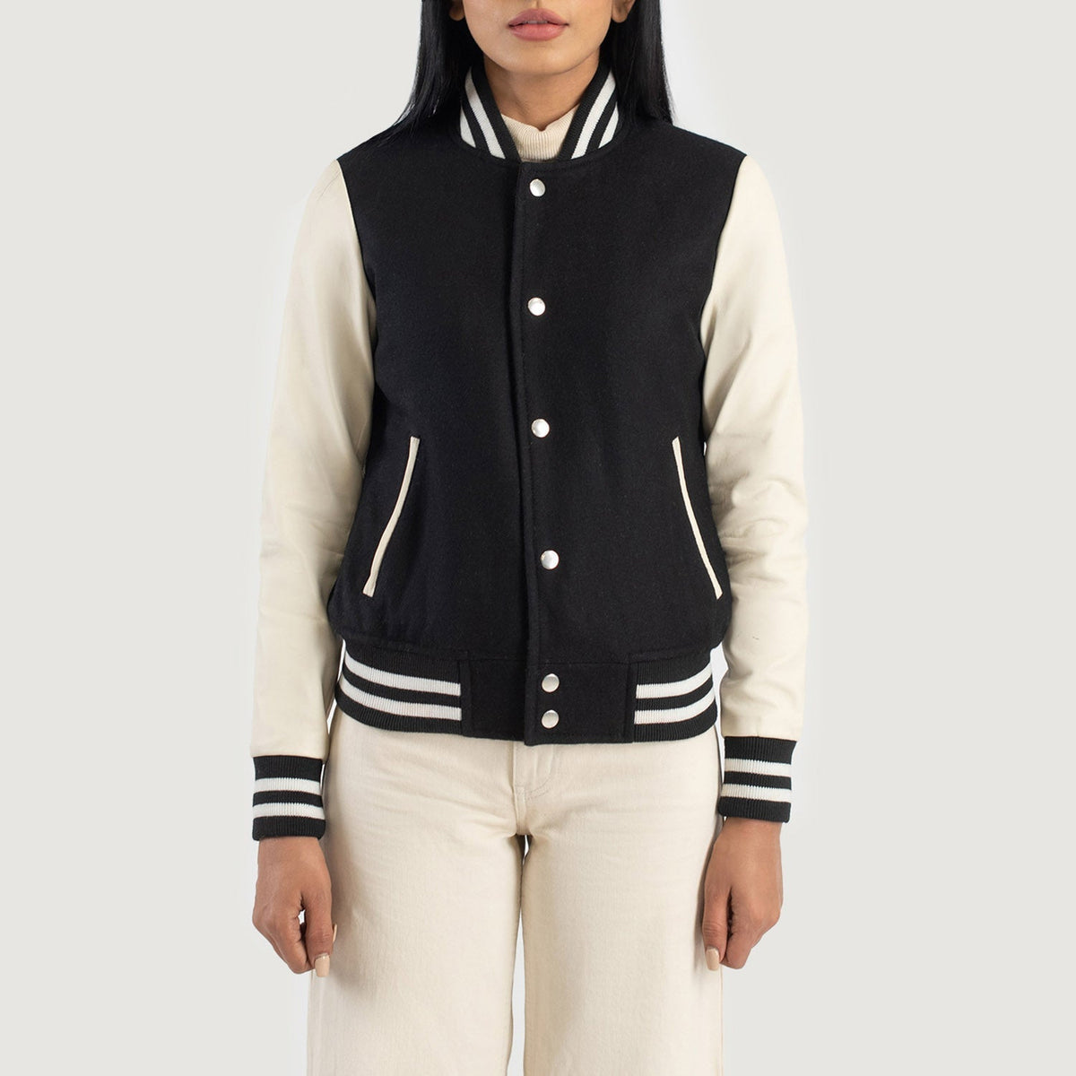 Savant Black & White Hybrid Varsity Jacket - women's jacket in black & white sheepskin leather, view 4