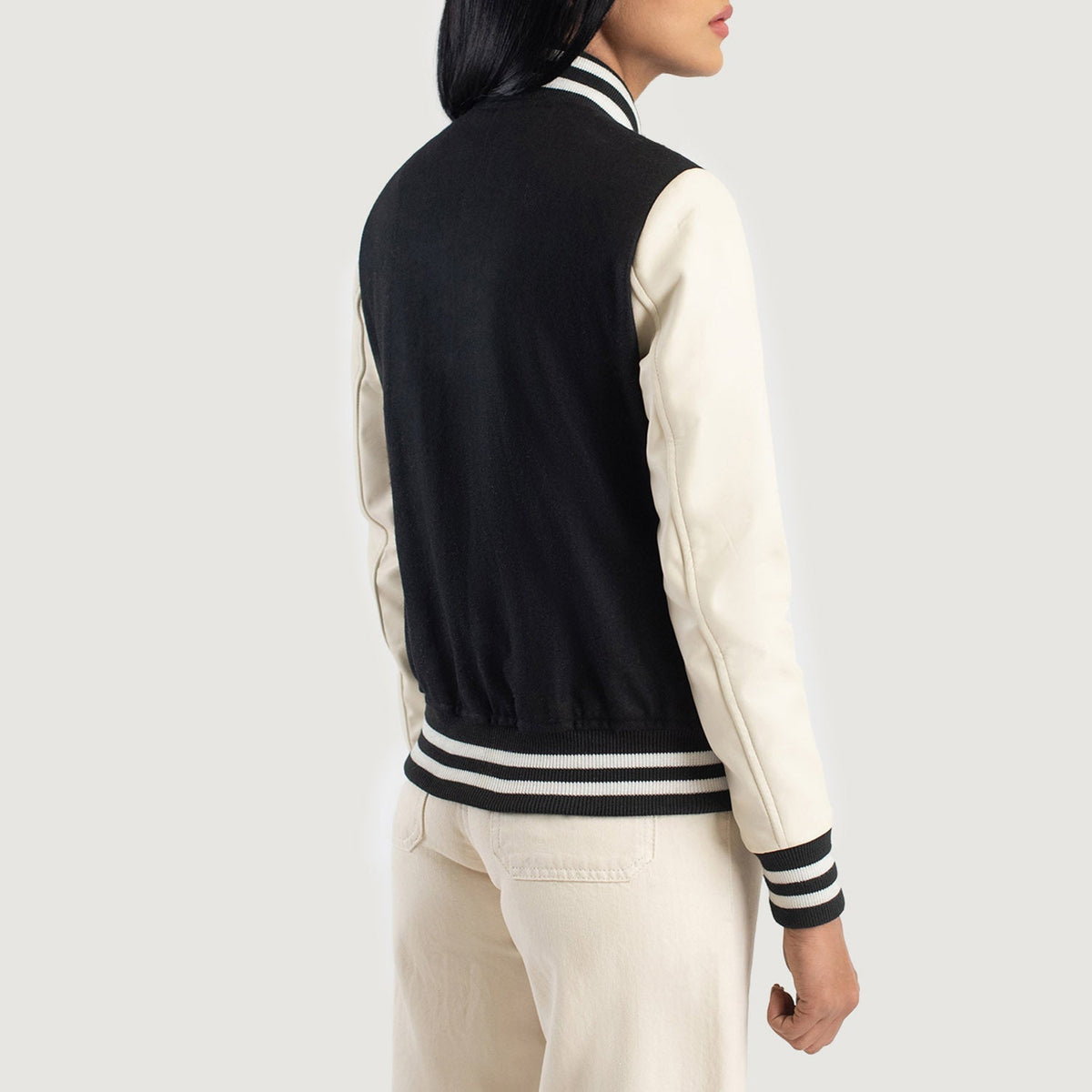 Savant Black & White Hybrid Varsity Jacket - women's jacket in black & white sheepskin leather, view 5