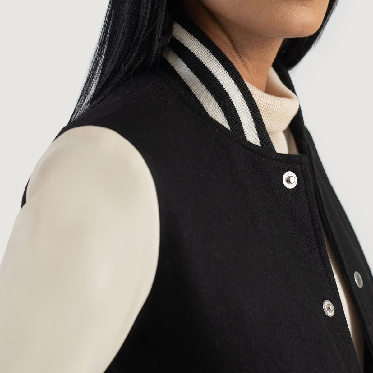 Savant Black & White Hybrid Varsity Jacket - women's jacket in black & white sheepskin leather, view 6