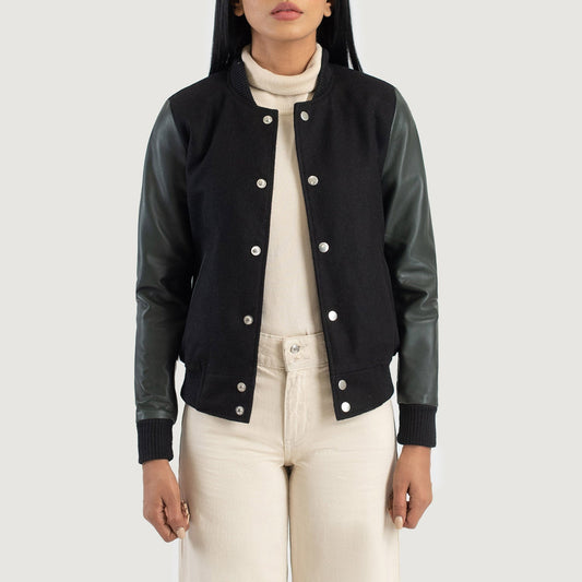 Savant Green & Black Hybrid Varsity Jacket - women's jacket in green & black sheepskin leather, view 1