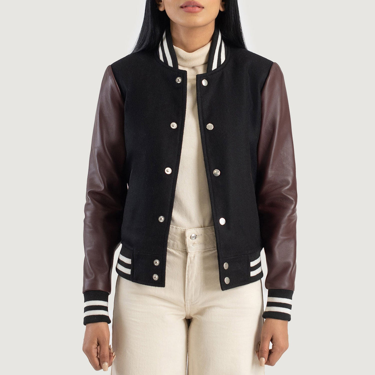 Savant Maroon & Black Hybrid Varsity Jacket - women's jacket in black & maroon sheepskin leather, view 1