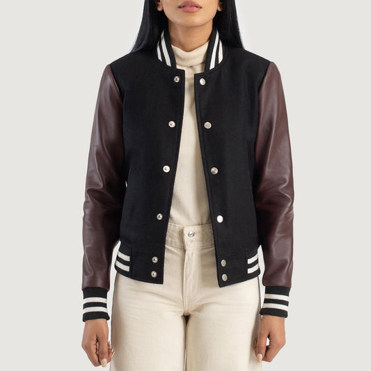 Savant Maroon & Black Hybrid Varsity Jacket - women's jacket in black & maroon sheepskin leather, view 1