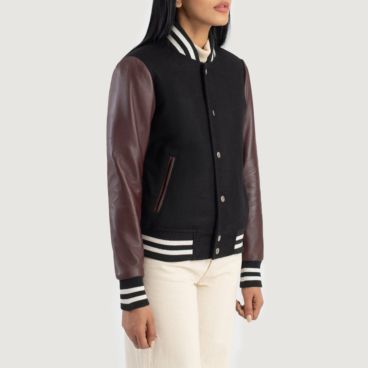 Savant Maroon & Black Hybrid Varsity Jacket - women's jacket in black & maroon sheepskin leather, view 2