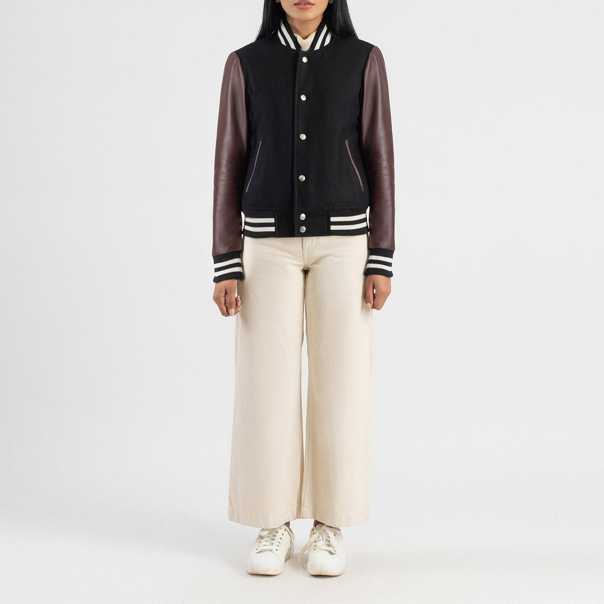 Savant Maroon & Black Hybrid Varsity Jacket - women's jacket in black & maroon sheepskin leather, view 3