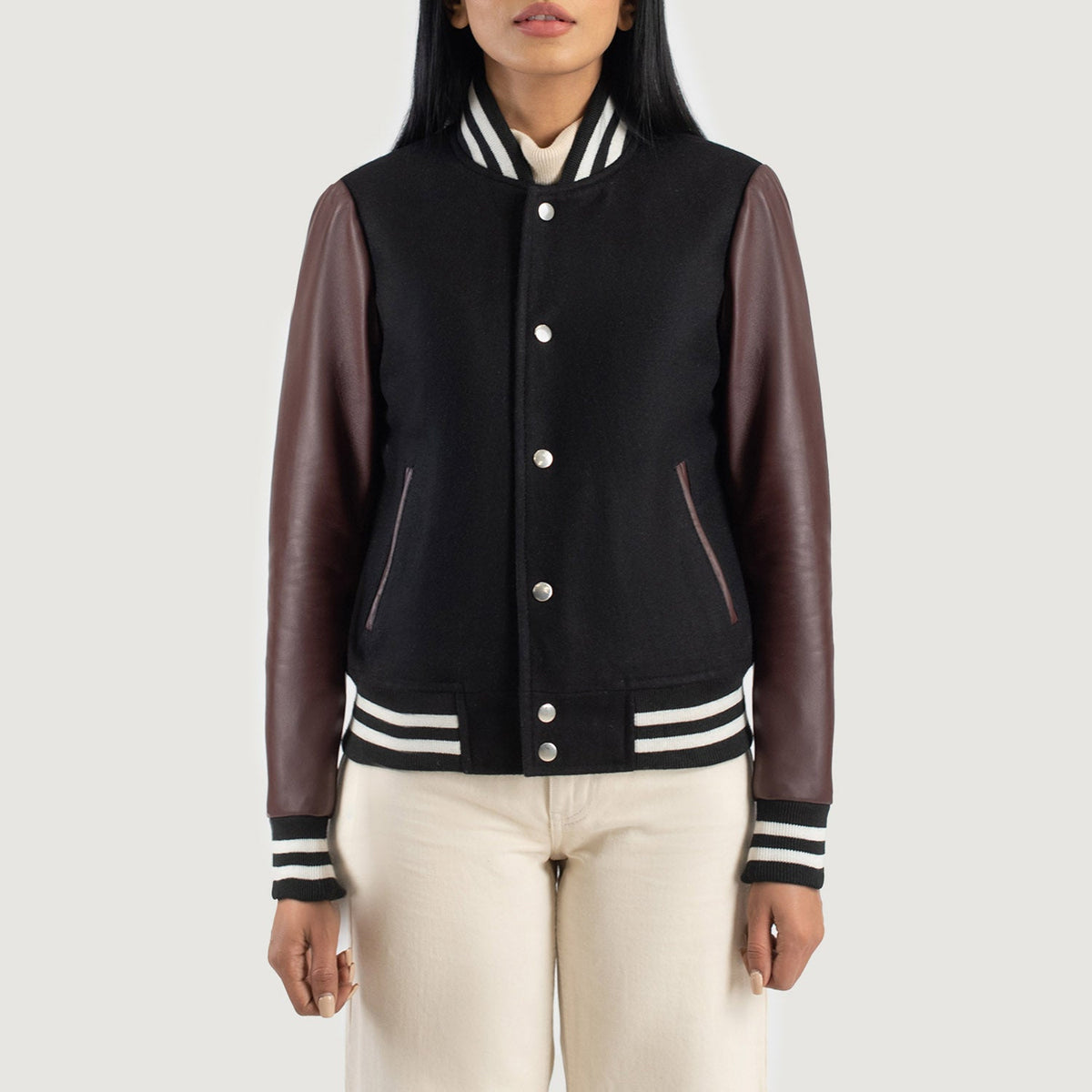 Savant Maroon & Black Hybrid Varsity Jacket - women's jacket in black & maroon sheepskin leather, view 4