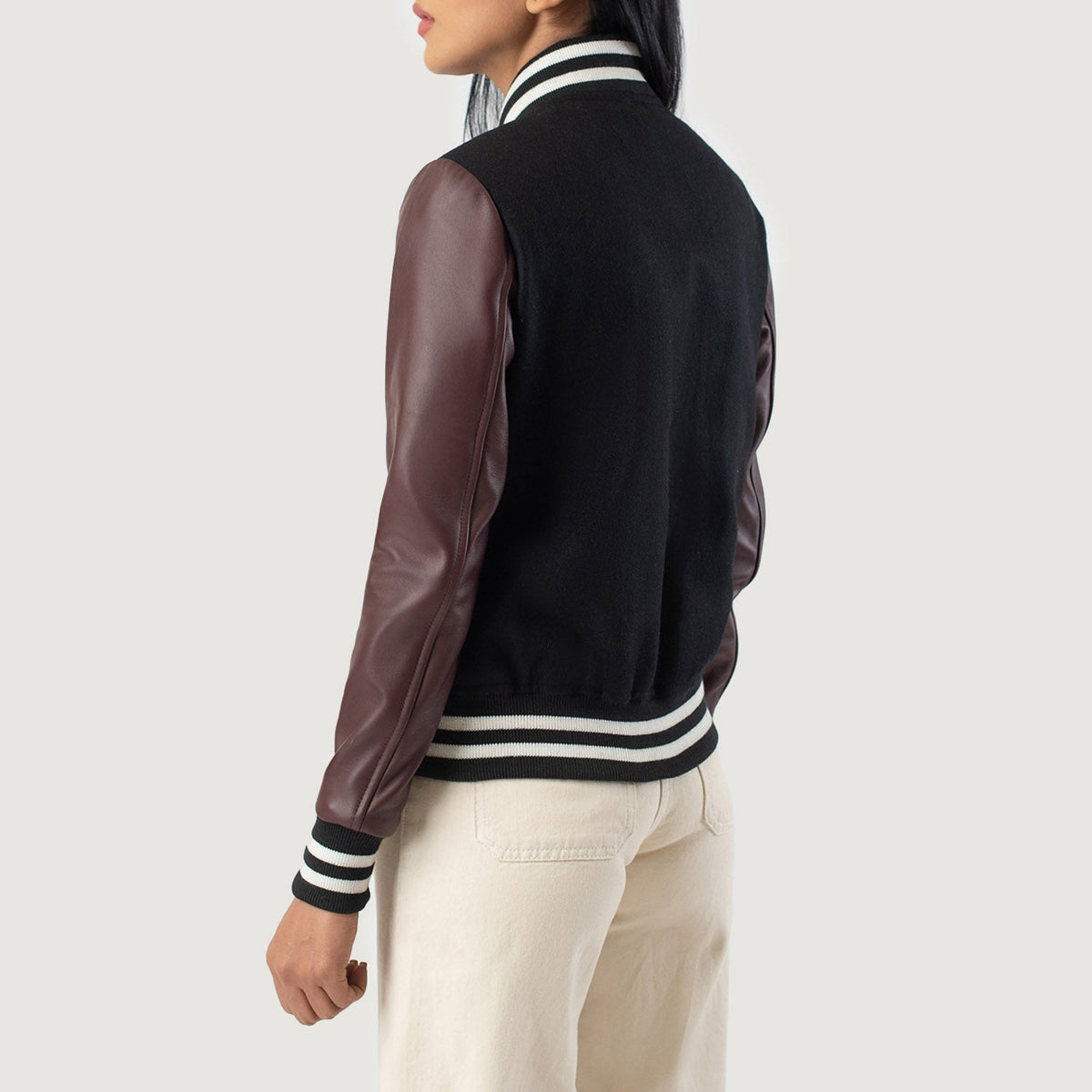 Savant Maroon & Black Hybrid Varsity Jacket - women's jacket in black & maroon sheepskin leather, view 5