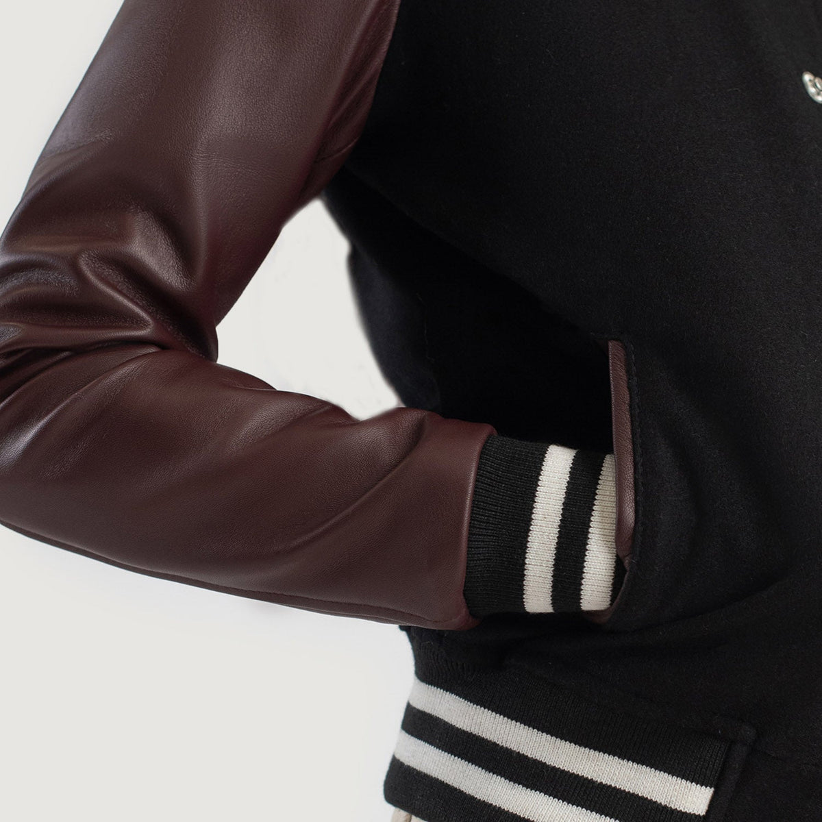 Savant Maroon & Black Hybrid Varsity Jacket - women's jacket in black & maroon sheepskin leather, view 6