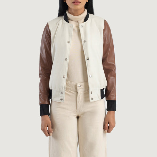 Savant White & Brown Hybrid Varsity Jacket - women's jacket in white & brown sheepskin leather, view 1