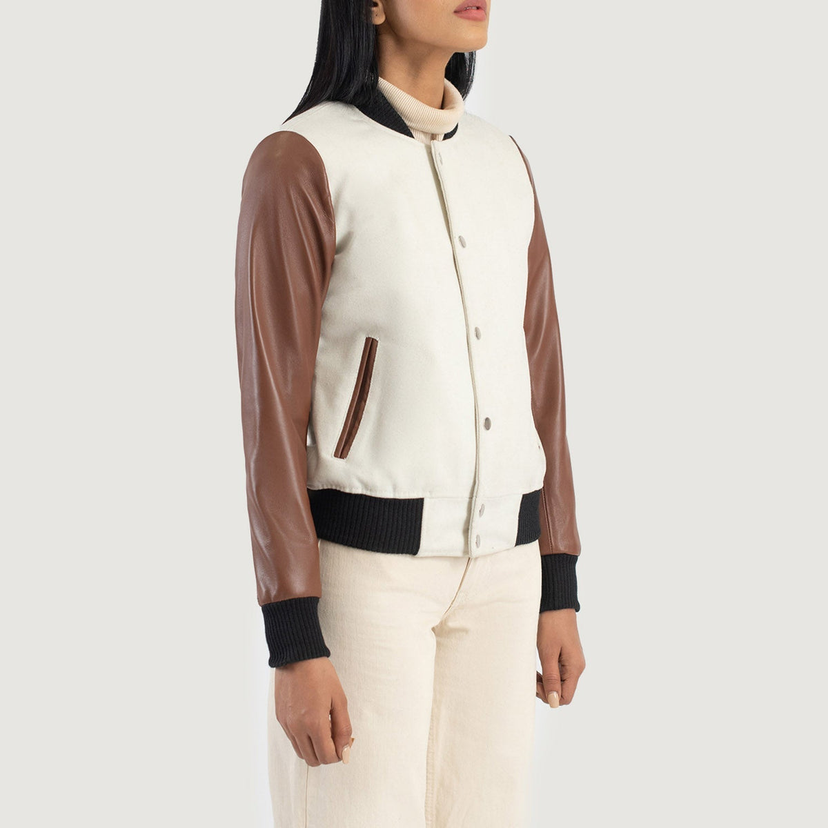 Savant White & Brown Hybrid Varsity Jacket - women's jacket in white & brown sheepskin leather, view 2