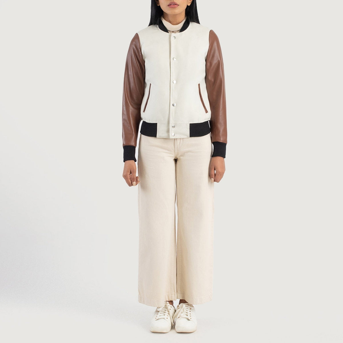 Savant White & Brown Hybrid Varsity Jacket - women's jacket in white & brown sheepskin leather, view 3