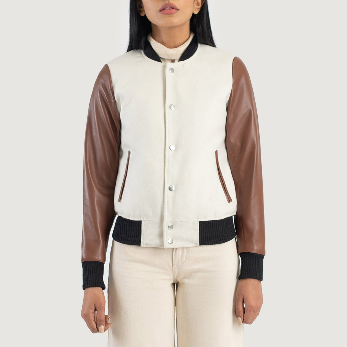 Savant White & Brown Hybrid Varsity Jacket - women's jacket in white & brown sheepskin leather, view 4