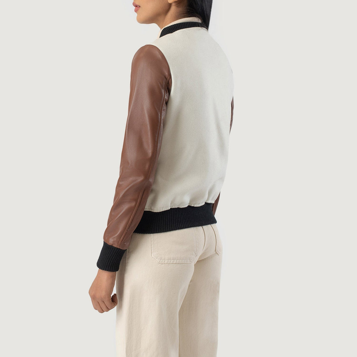 Savant White & Brown Hybrid Varsity Jacket - women's jacket in white & brown sheepskin leather, view 5