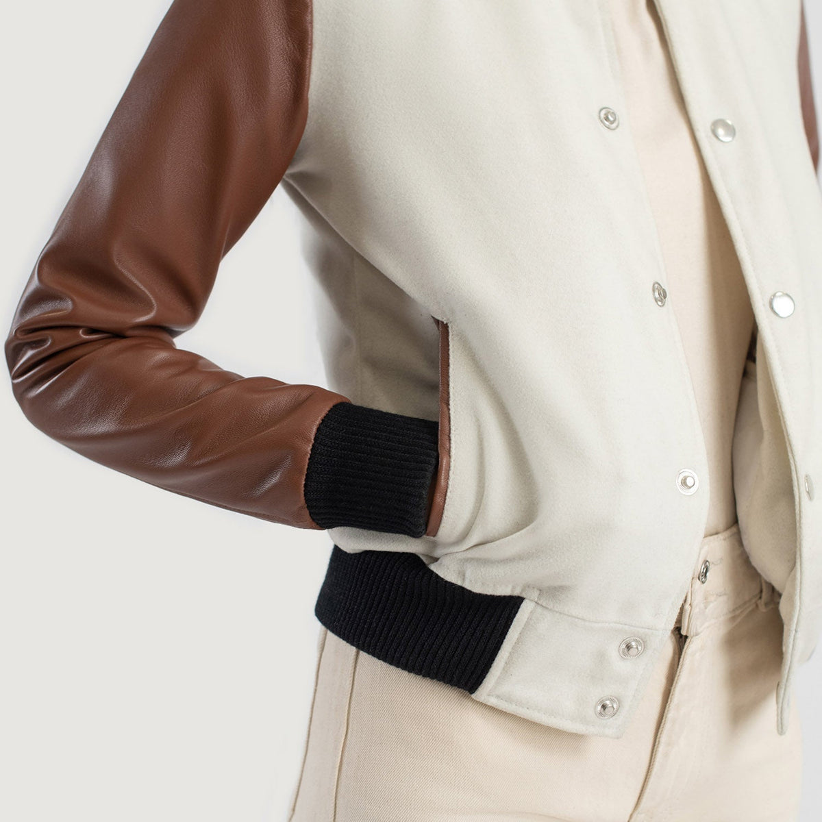Savant White & Brown Hybrid Varsity Jacket - women's jacket in white & brown sheepskin leather, view 6
