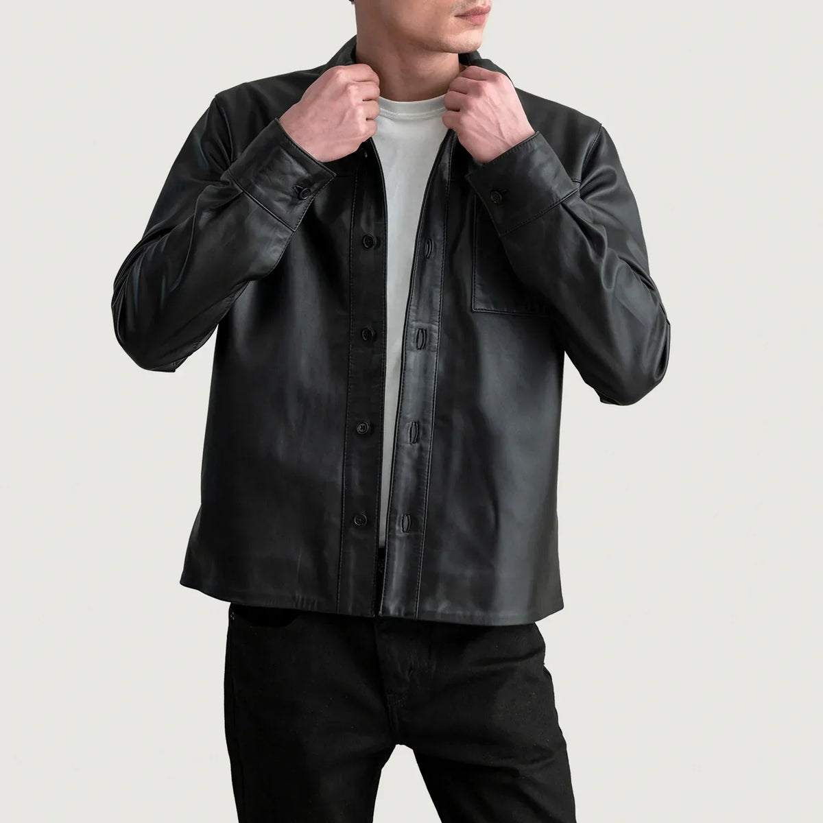 Scout Black Leather Shirt - men's shirt in black premium leather, view 1