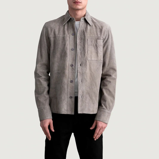 Scout Grey Suede Leather Shirt - men's shirt in grey suede leather, view 1