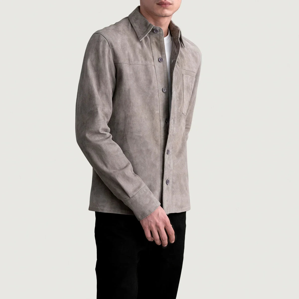 Scout Grey Suede Leather Shirt - men's shirt in grey suede leather, view 2