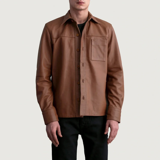 Scout Matte Brown Leather Shirt - men's shirt in brown premium leather, view 1