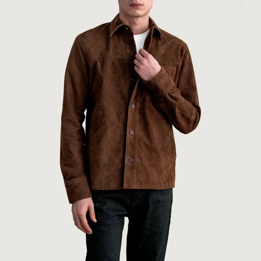 Scout Mocha Suede Leather Shirt - men's shirt in mocha suede leather, view 1