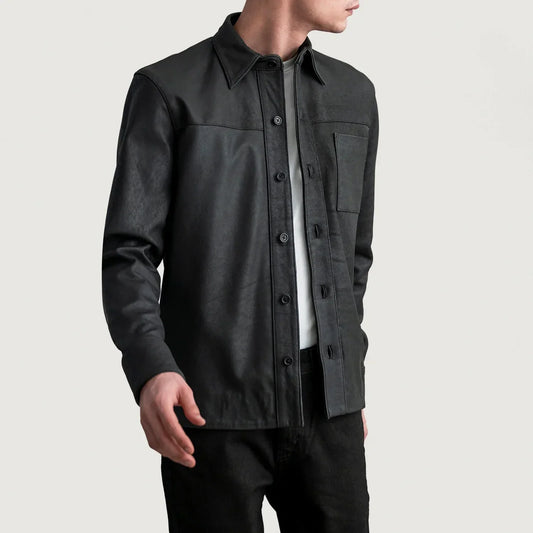 Scout Tumbled Black Leather Shirt - men's shirt in black premium leather, view 1