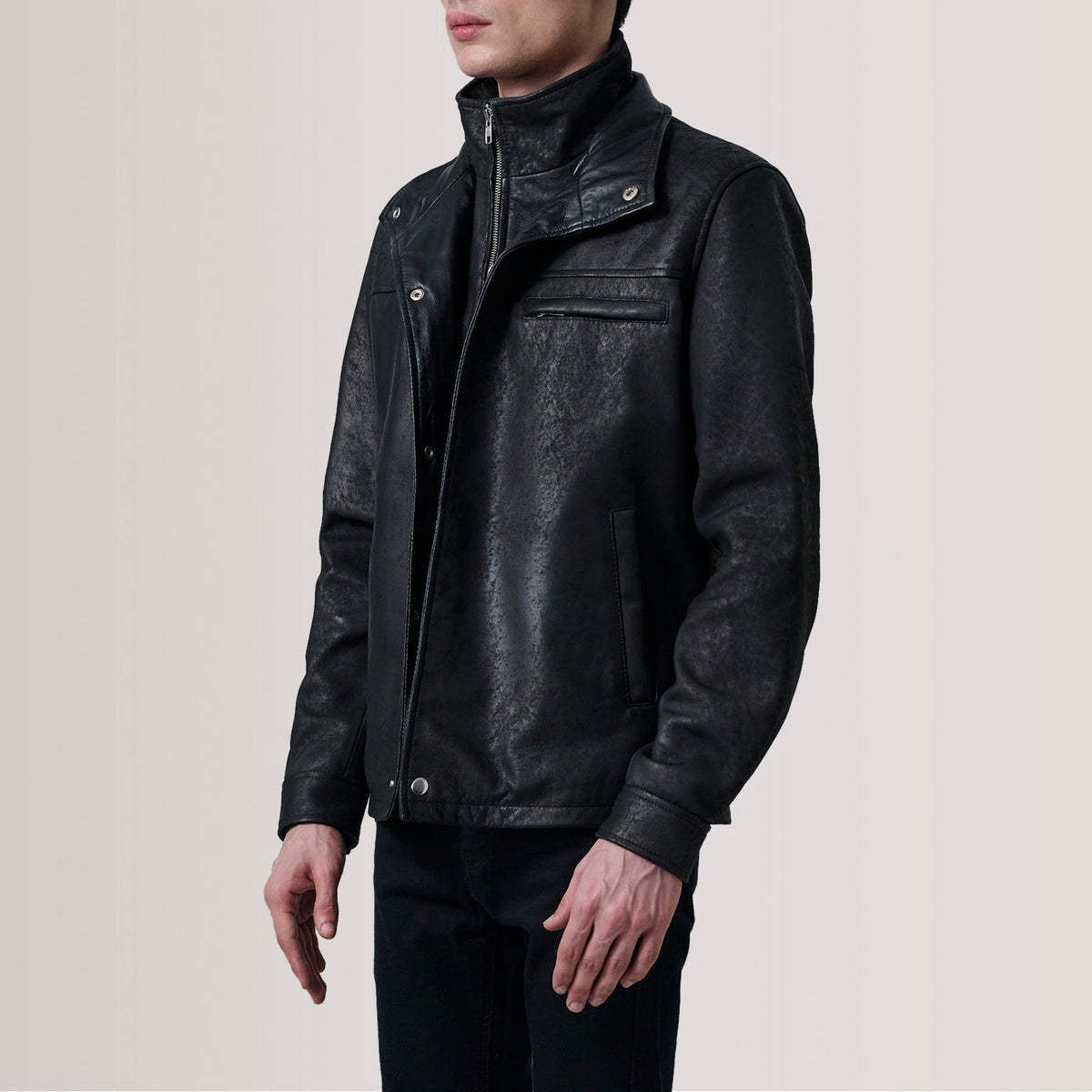 Sean Black Snuffed Classic Jacket - men's jacket in black premium leather, view 3