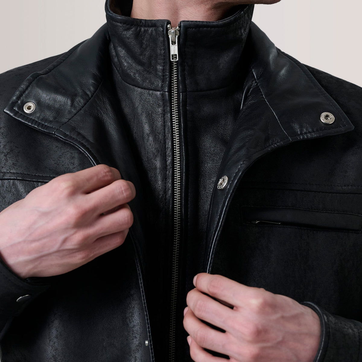 Sean Black Snuffed Classic Jacket - men's jacket in black premium leather, view 4