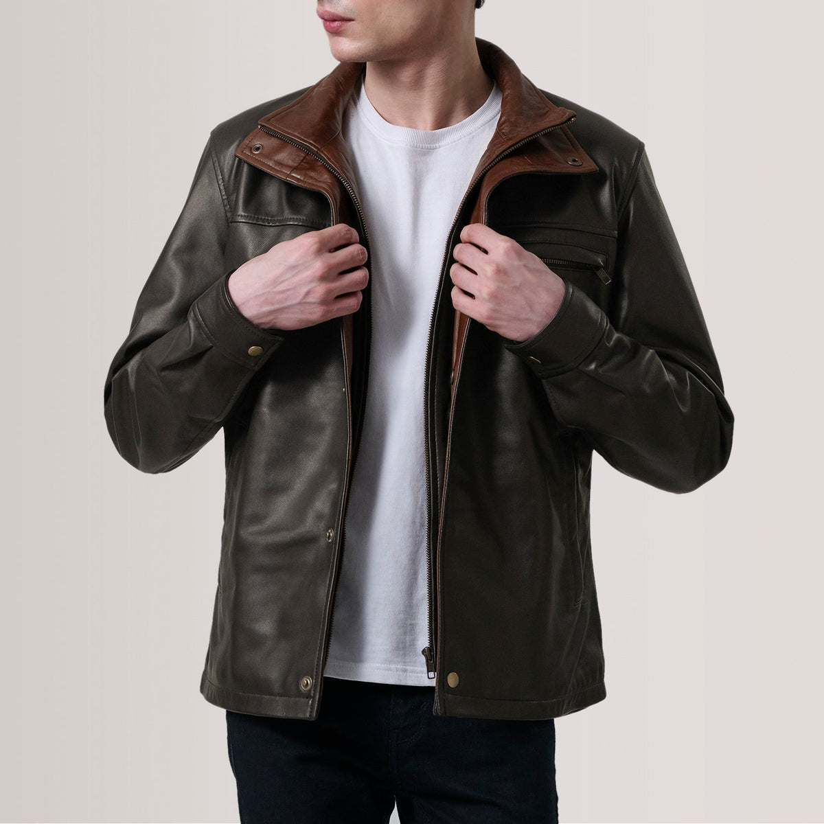 Sean Brown Leather Classic Jacket - men's jacket in brown premium leather, view 1