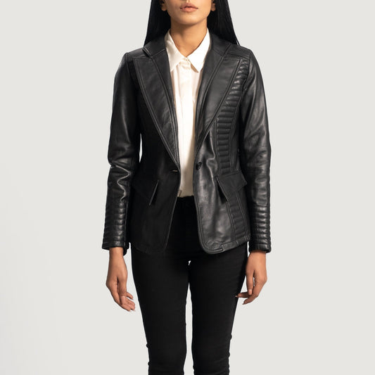 Selina Black Leather Blazer - women's blazer in black sheepskin leather, view 1