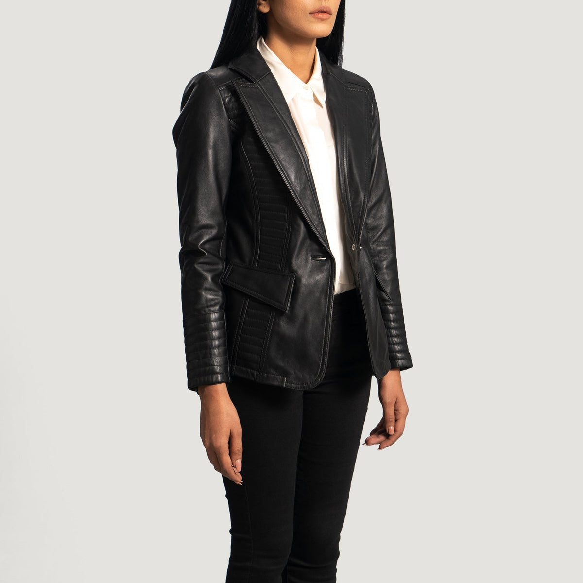 Selina Black Leather Blazer - women's blazer in black sheepskin leather, view 2