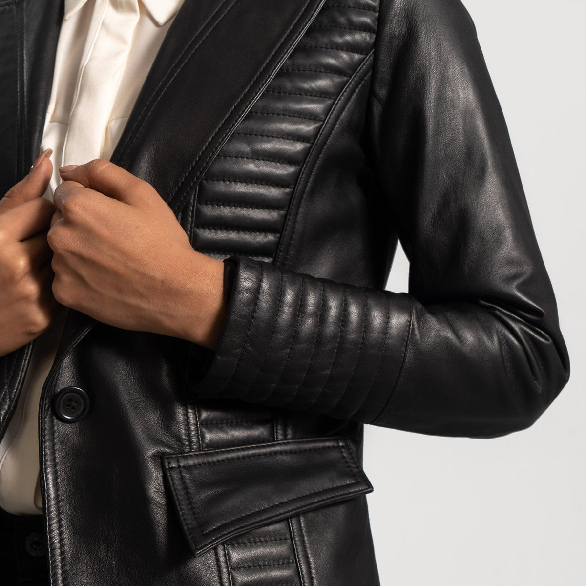 Selina Black Leather Blazer - women's blazer in black sheepskin leather, view 3
