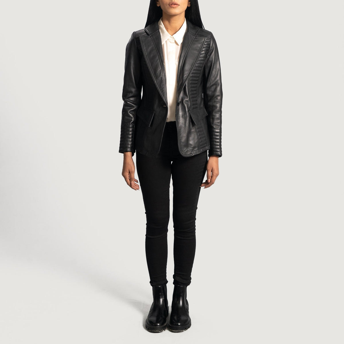 Selina Black Leather Blazer - women's blazer in black sheepskin leather, view 4