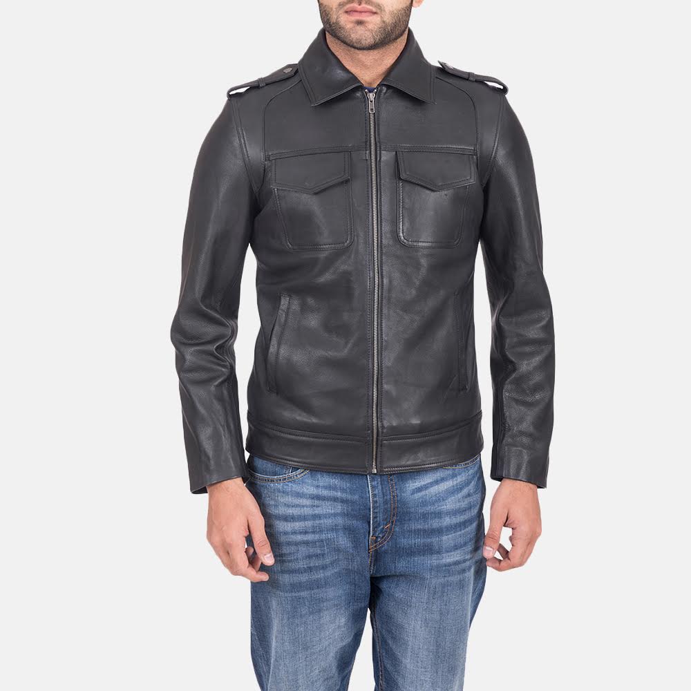 Sergeant Black Leather Jacket - men's jacket in black calfskin leather, view 1