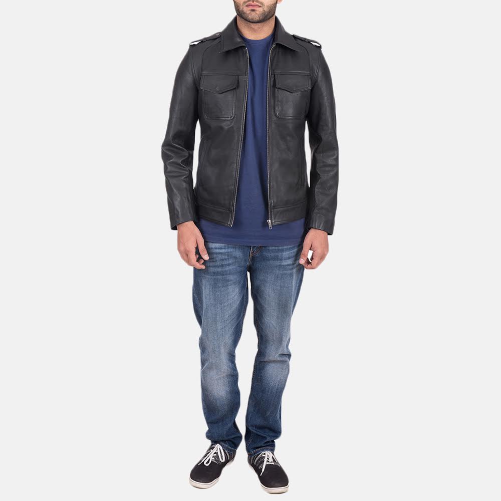 Sergeant Black Leather Jacket - men's jacket in black calfskin leather, view 4