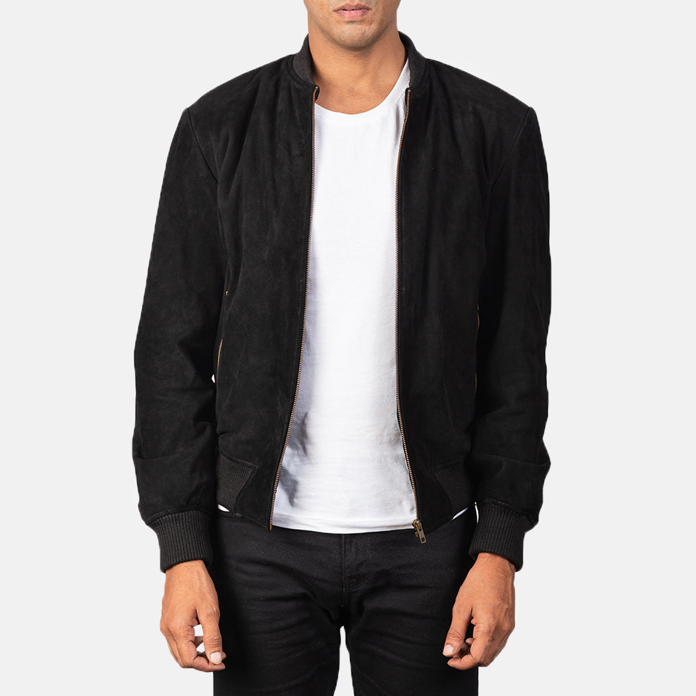 Shane Black Suede Bomber Jacket - men's jacket in black suede leather, view 1