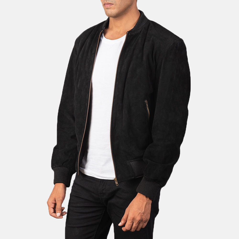 Shane Black Suede Bomber Jacket - men's jacket in black suede leather, view 2