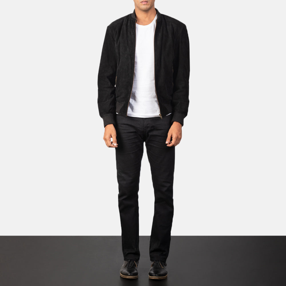Shane Black Suede Bomber Jacket - men's jacket in black suede leather, view 3