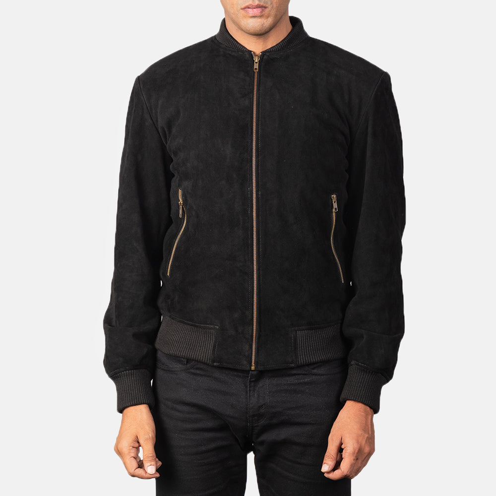 Shane Black Suede Bomber Jacket - men's jacket in black suede leather, view 4