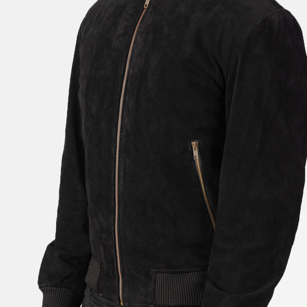 Shane Black Suede Bomber Jacket - men's jacket in black suede leather, view 6