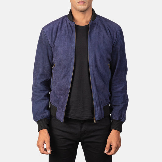 Shane Blue Suede Bomber Jacket - men's jacket in blue suede leather, view 1