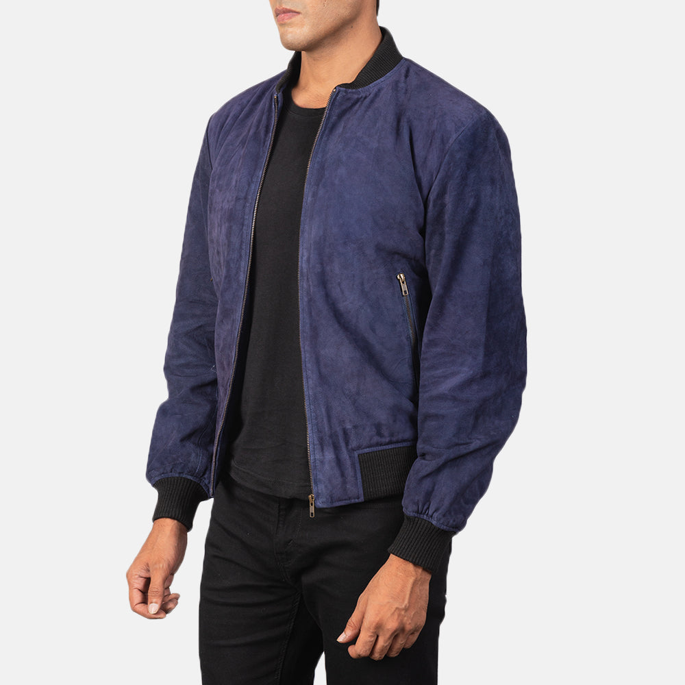 Shane Blue Suede Bomber Jacket - men's jacket in blue suede leather, view 2