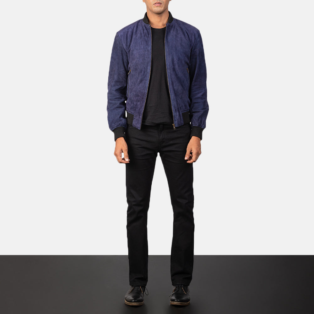 Shane Blue Suede Bomber Jacket - men's jacket in blue suede leather, view 3