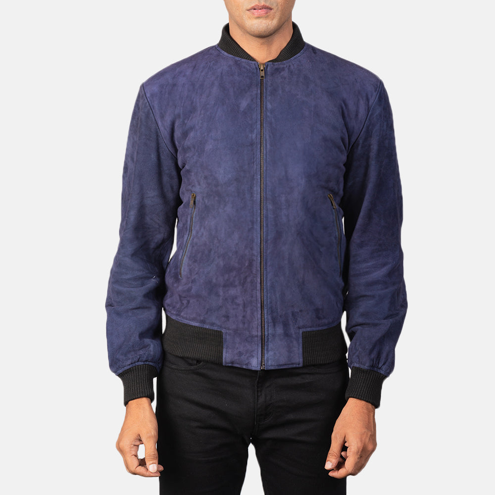 Shane Blue Suede Bomber Jacket - men's jacket in blue suede leather, view 4