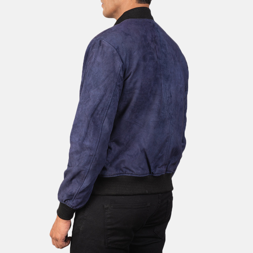 Shane Blue Suede Bomber Jacket - men's jacket in blue suede leather, view 5