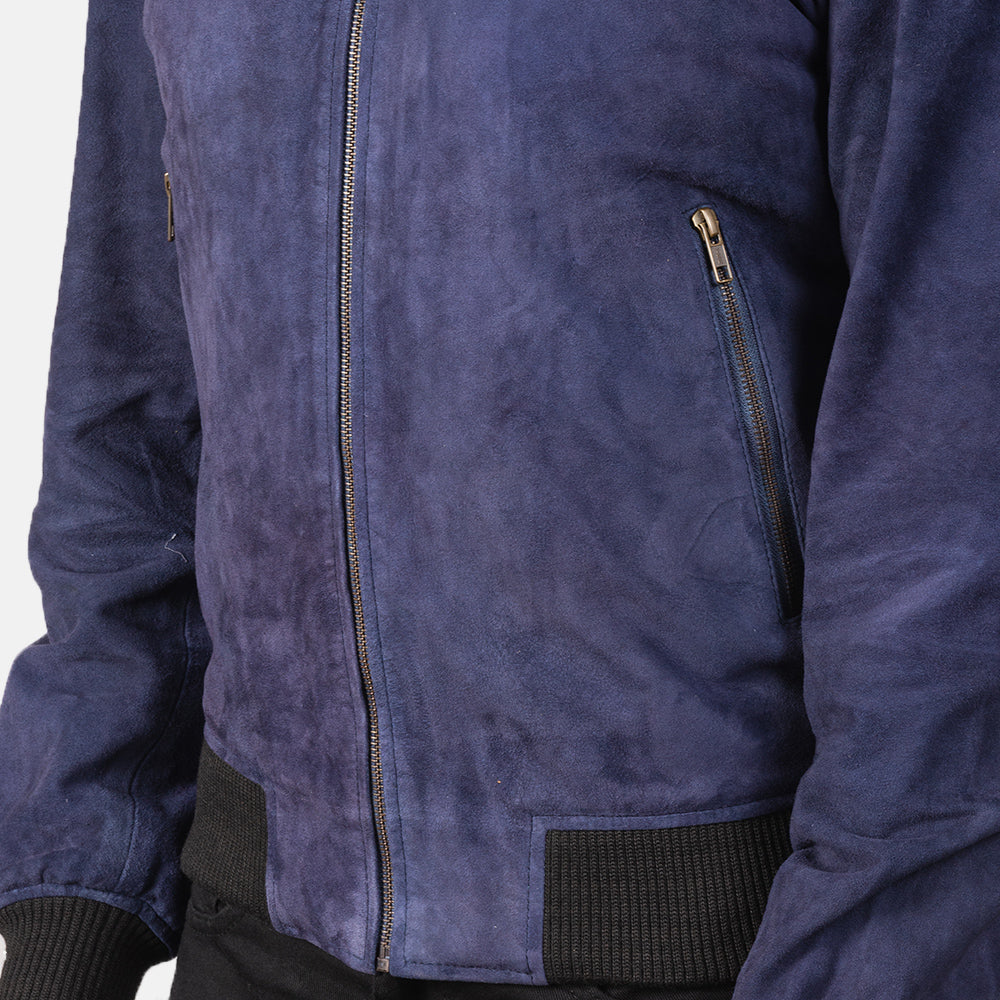 Shane Blue Suede Bomber Jacket - men's jacket in blue suede leather, view 6