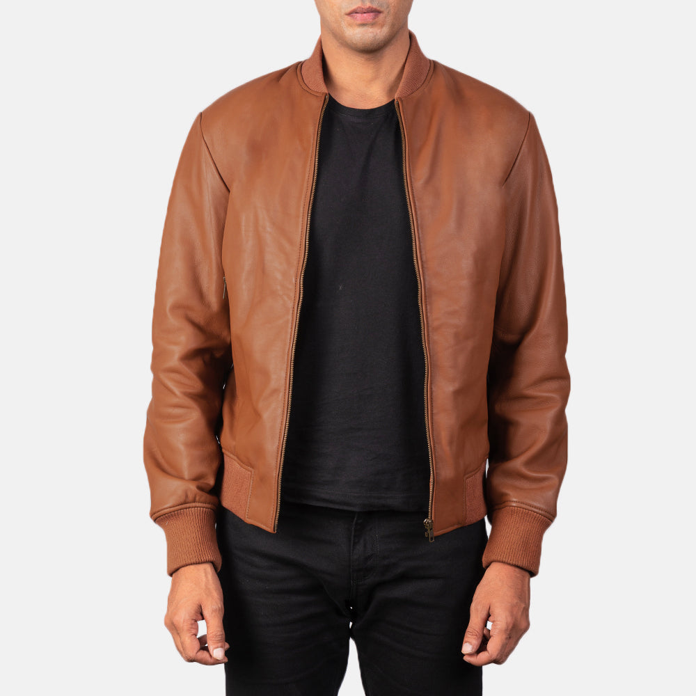 Shane Brown Leather Bomber Jacket - men's jacket in brown sheepskin leather, view 1